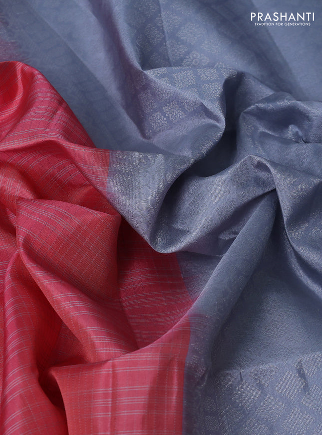 Pure soft silk saree dark peach and grey with allover small checked pattern and paisley thread woven butta border