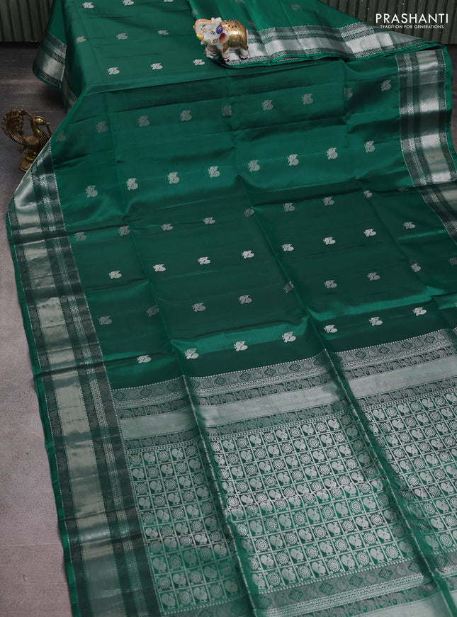 Pure soft silk saree teal green with silver zari woven annam buttas and silver zari woven border