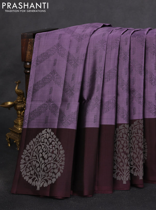 Pure soft silk saree pastel purple and deep maroon with allover self emboss jacquard and silver zari woven butta border