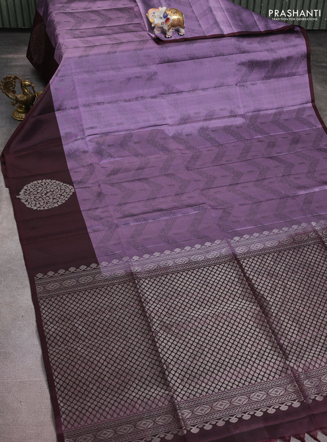 Pure soft silk saree pastel purple and deep maroon with allover self emboss jacquard and silver zari woven butta border