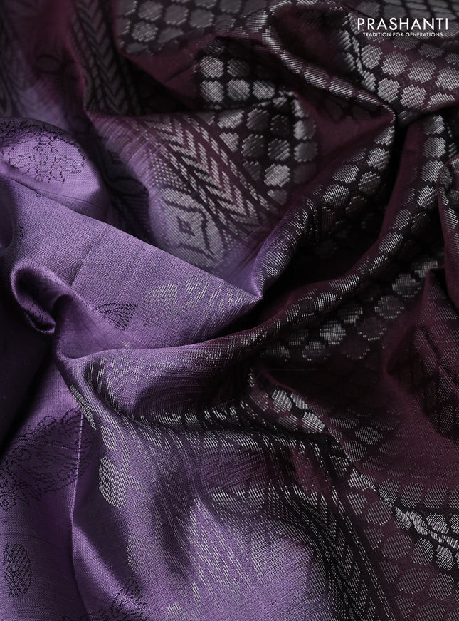 Pure soft silk saree pastel purple and deep maroon with allover self emboss jacquard and silver zari woven butta border
