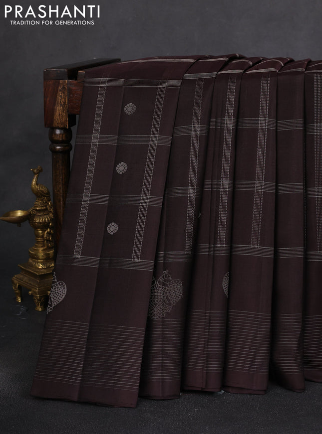 Pure soft silk saree coffee brown and dual shade of teal green with allover silver zari checks & buttas and long silver zari woven border