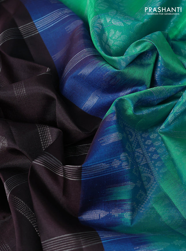 Pure soft silk saree coffee brown and dual shade of teal green with allover silver zari checks & buttas and long silver zari woven border