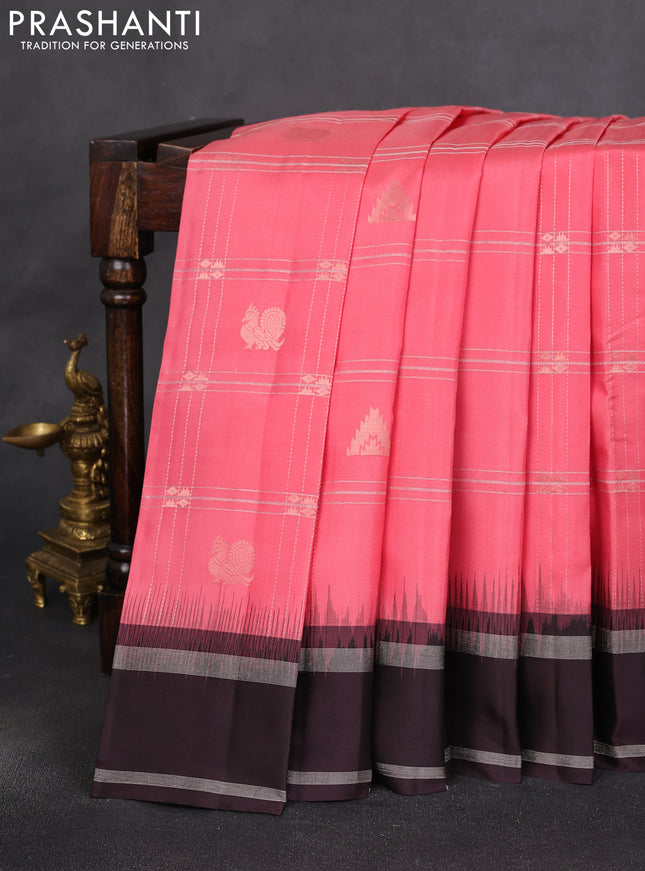 Pure soft silk saree peach pink and coffee brown with allover silver zari checks & buttas and rettapet silver zari woven border