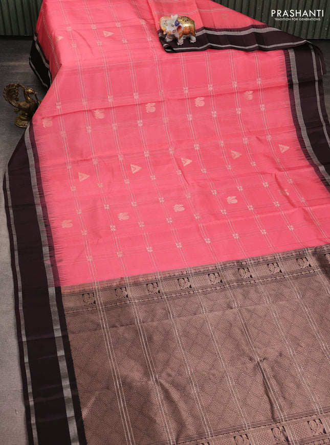 Pure soft silk saree peach pink and coffee brown with allover silver zari checks & buttas and rettapet silver zari woven border