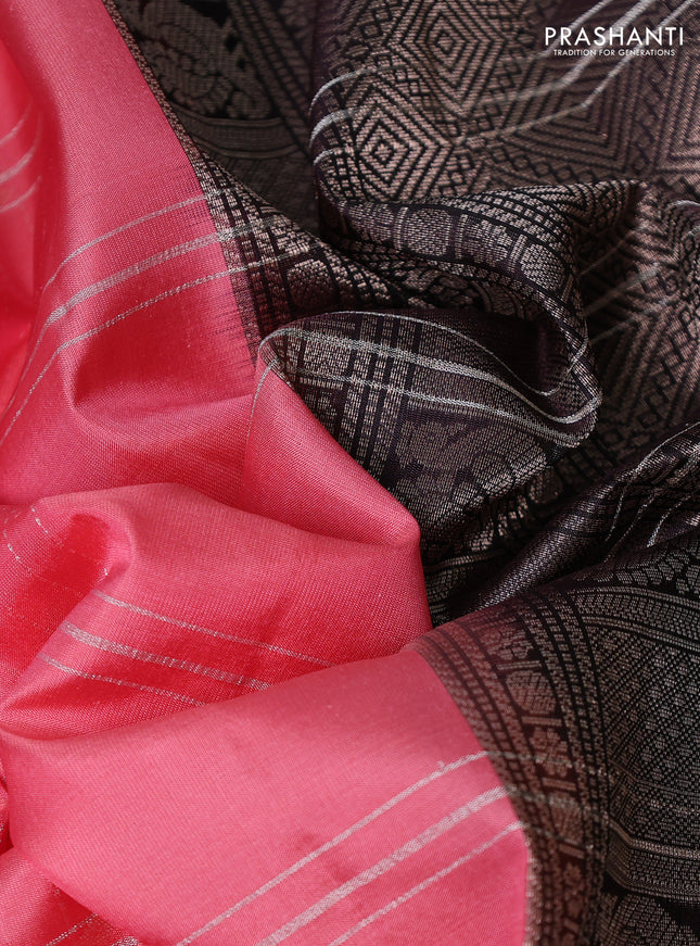 Pure soft silk saree peach pink and coffee brown with allover silver zari checks & buttas and rettapet silver zari woven border