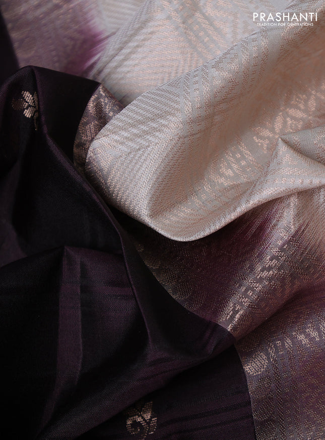 Pure soft silk saree wine shade and off white with allover silver zari stripe pattern and zari woven border
