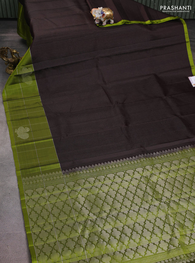 Pure soft silk saree coffee brown and mehendi green with allover silver zari stripe pattern and zari woven checked border
