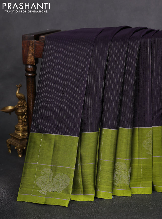 Pure soft silk saree deep jamun and mehendi green with allover silver zari stripe pattern and zari woven checked border