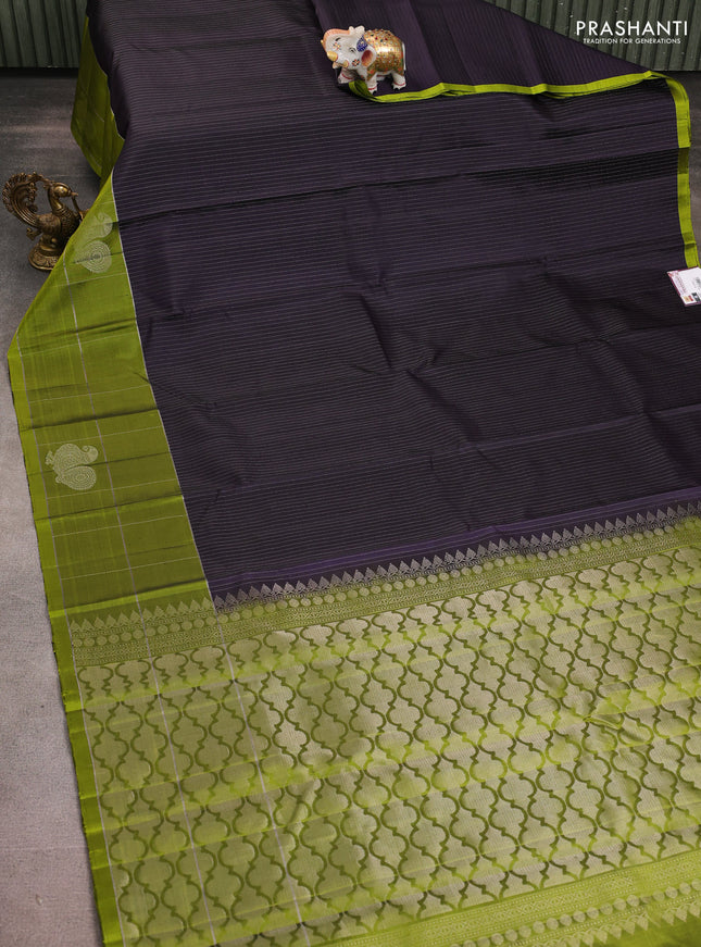 Pure soft silk saree deep jamun and mehendi green with allover silver zari stripe pattern and zari woven checked border