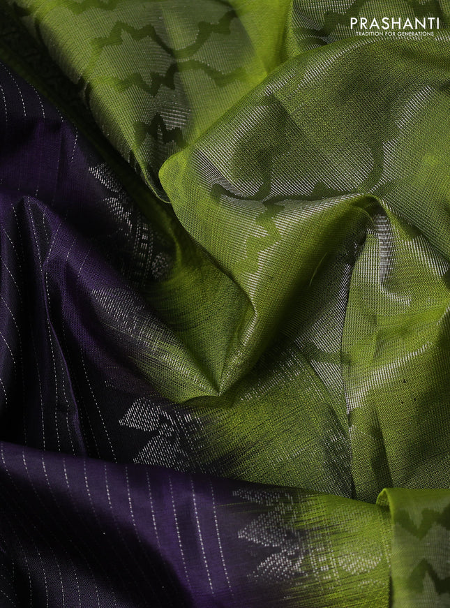 Pure soft silk saree deep jamun and mehendi green with allover silver zari stripe pattern and zari woven checked border