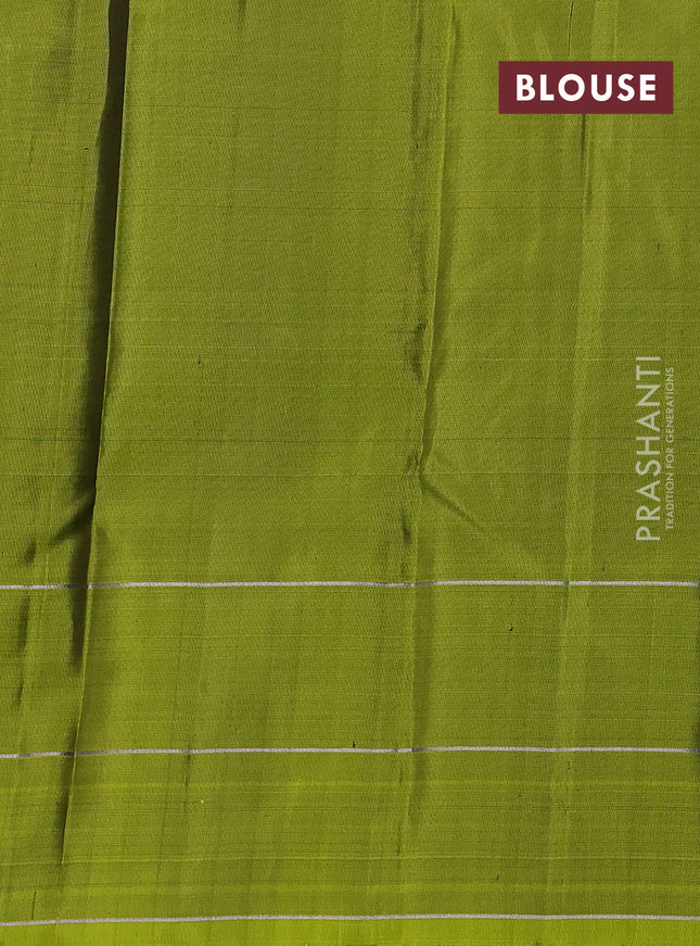 Pure soft silk saree deep jamun and mehendi green with allover silver zari stripe pattern and zari woven checked border