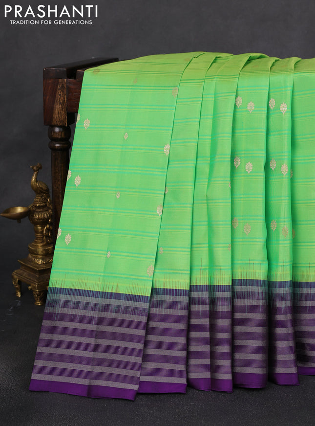 Pure soft silk saree light green and violet with allover stripe pattern & zari buttas and silver zari woven border