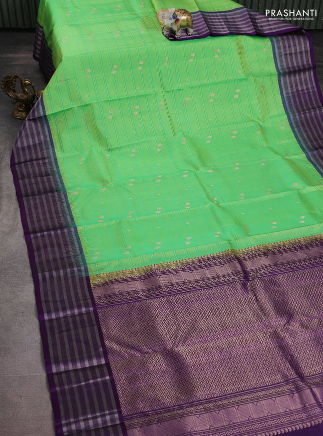Pure soft silk saree light green and violet with allover stripe pattern & zari buttas and silver zari woven border