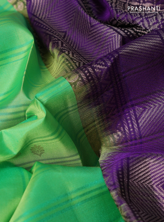 Pure soft silk saree light green and violet with allover stripe pattern & zari buttas and silver zari woven border