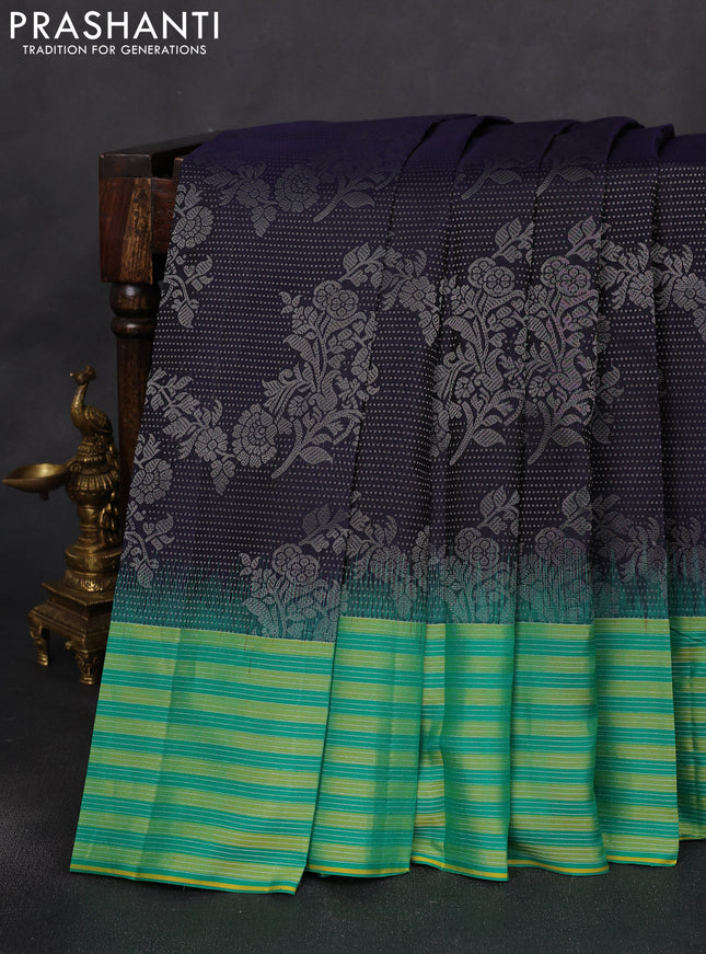 Pure soft silk saree navy blue and teal green with allover silver zari woven brocade weaves and long silver zari woven border