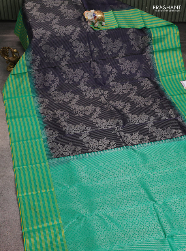 Pure soft silk saree navy blue and teal green with allover silver zari woven brocade weaves and long silver zari woven border