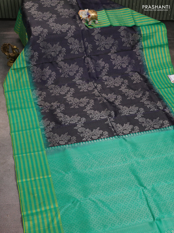 Pure soft silk saree navy blue and teal green with allover silver zari woven brocade weaves and long silver zari woven border