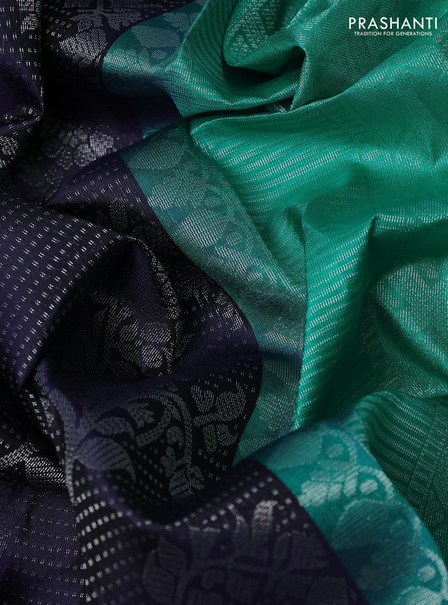 Pure soft silk saree navy blue and teal green with allover silver zari woven brocade weaves and long silver zari woven border
