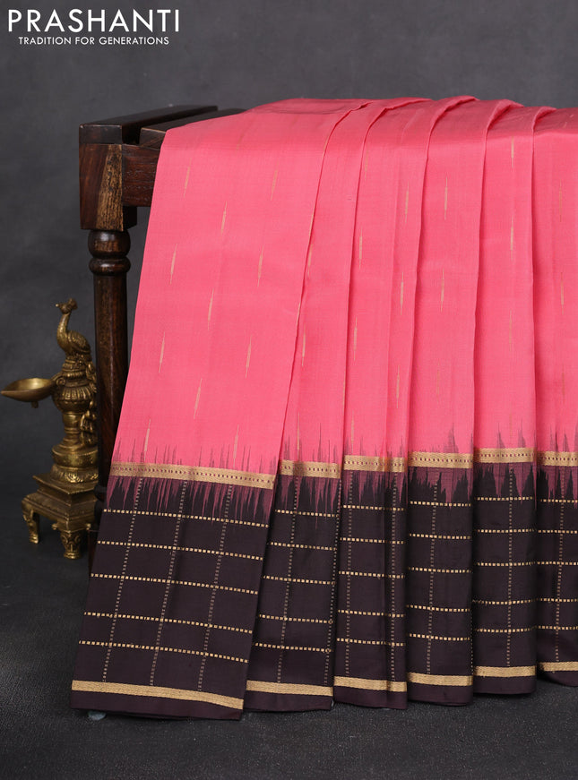 Pure soft silk saree peach pink and coffee brown with zari woven buttas and long zari woven checked border