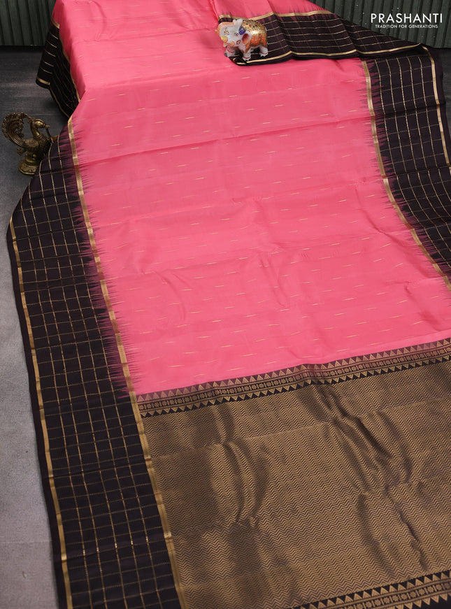 Pure soft silk saree peach pink and coffee brown with zari woven buttas and long zari woven checked border