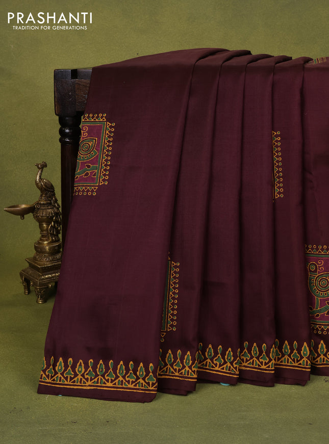 Uppada block printed silk saree coffee brown with butta prints and printed border