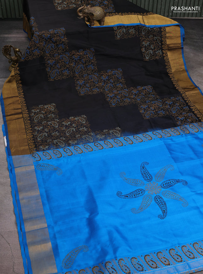 Uppada block printed silk saree black and cs blue with allover paisley prints and zari woven printed border