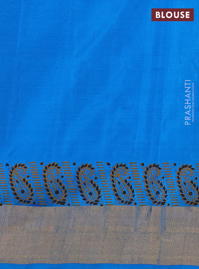 Uppada block printed silk saree black and cs blue with allover paisley prints and zari woven printed border