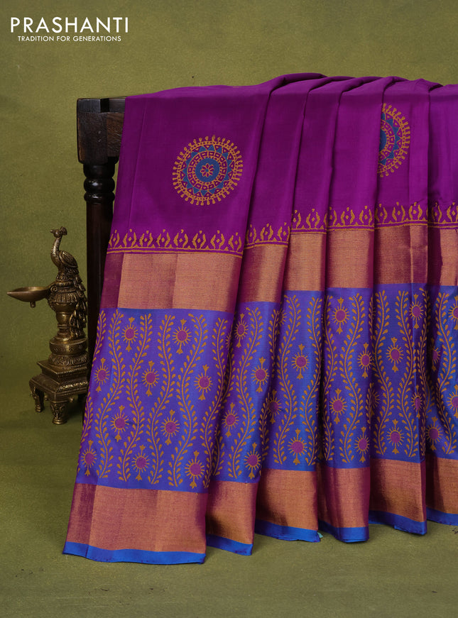 Uppada block printed silk saree violet and cs blue with ruddraksha butta prints and long zari woven printed border