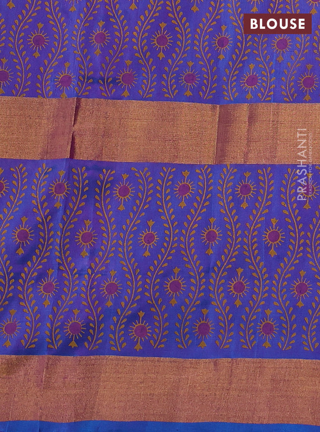 Uppada block printed silk saree violet and cs blue with ruddraksha butta prints and long zari woven printed border