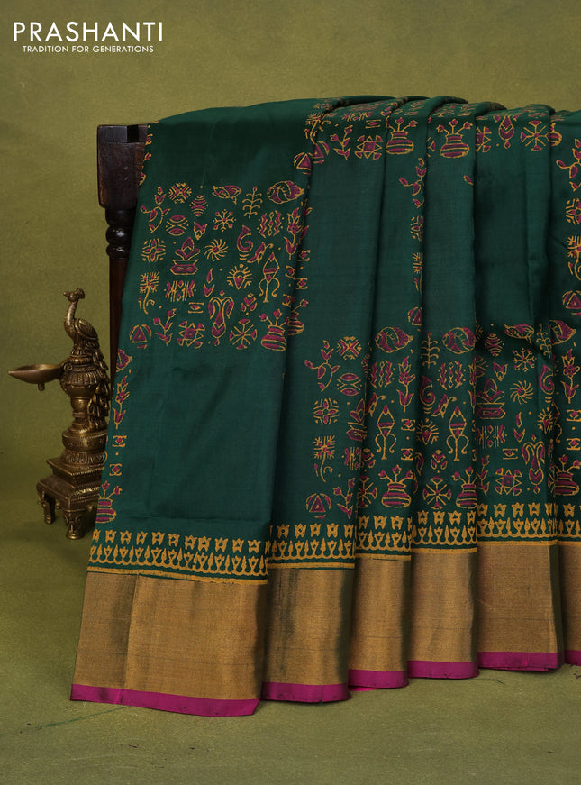 Uppada block printed silk saree bottle green and pink with allover prints and zari woven printed border