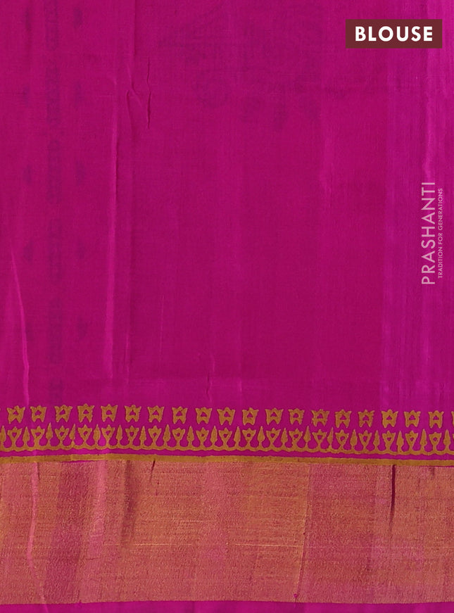 Uppada block printed silk saree bottle green and pink with allover prints and zari woven printed border