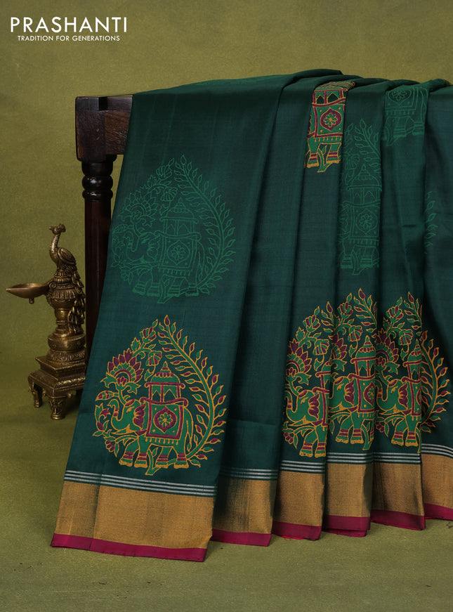 Uppada block printed silk saree bottle green and pink with elephant butta prints and zari woven border