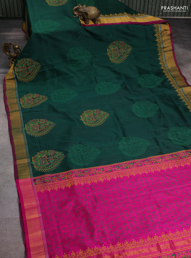 Uppada block printed silk saree bottle green and pink with elephant butta prints and zari woven border