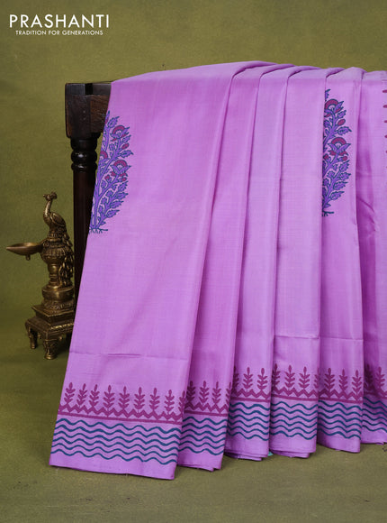 Uppada block printed silk saree lavender with floral butta prints and printed border