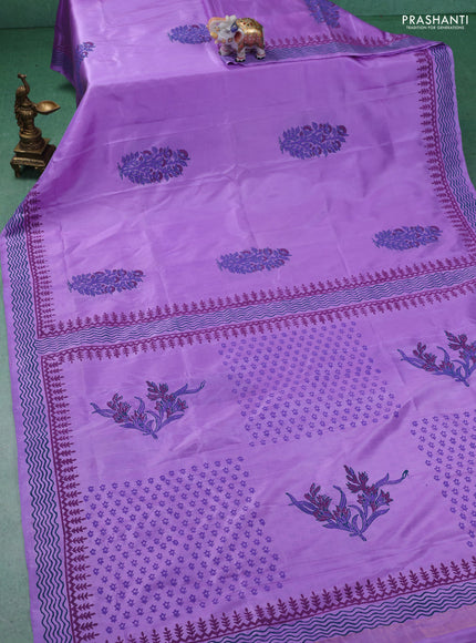 Uppada block printed silk saree lavender with floral butta prints and printed border