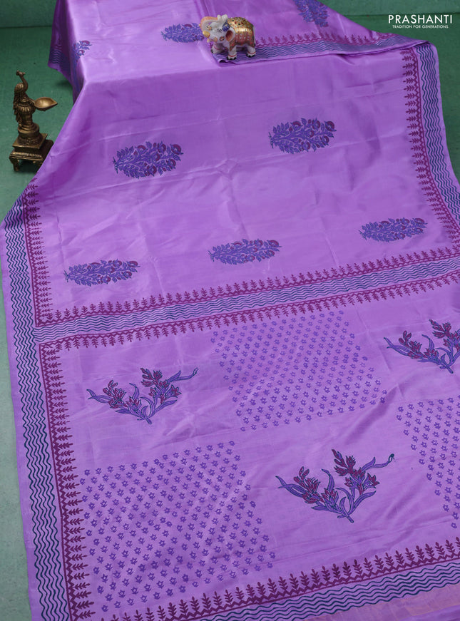 Uppada block printed silk saree lavender with floral butta prints and printed border