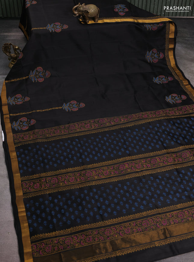 Uppada block printed silk saree black with floral butta prints and zari woven border