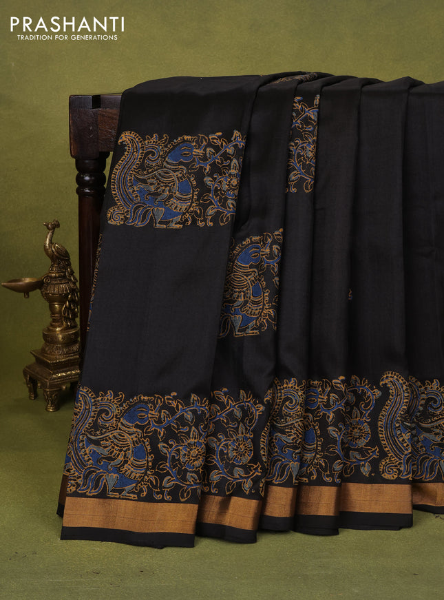 Uppada block printed silk saree black with annam butta prints and annam printed zari woven border