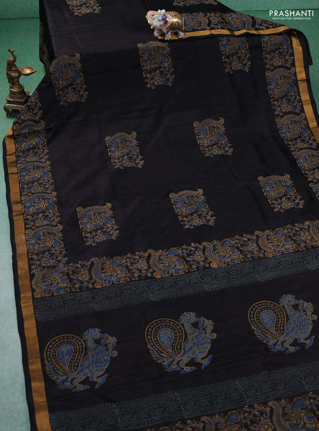 Uppada block printed silk saree black with annam butta prints and annam printed zari woven border