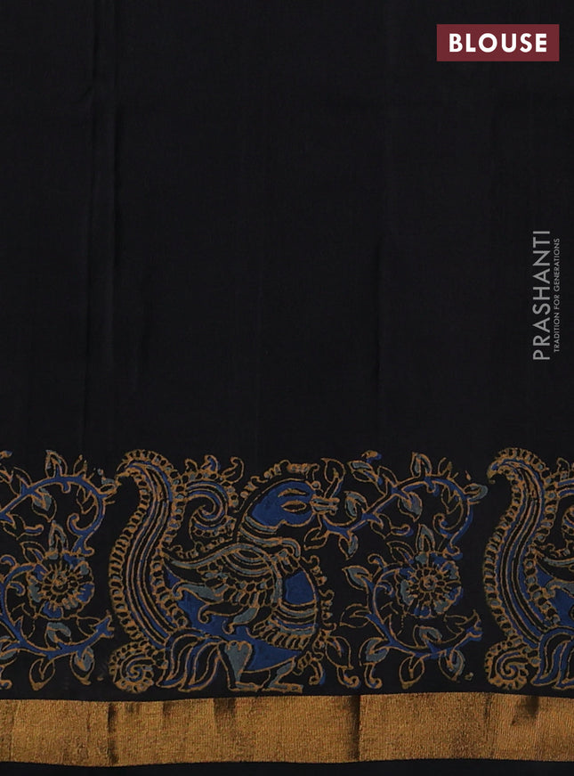Uppada block printed silk saree black with annam butta prints and annam printed zari woven border