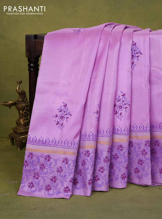 Uppada block printed silk saree lavender with floral butta prints and printed zari woven border