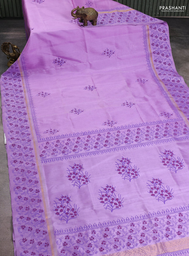 Uppada block printed silk saree lavender with floral butta prints and printed zari woven border