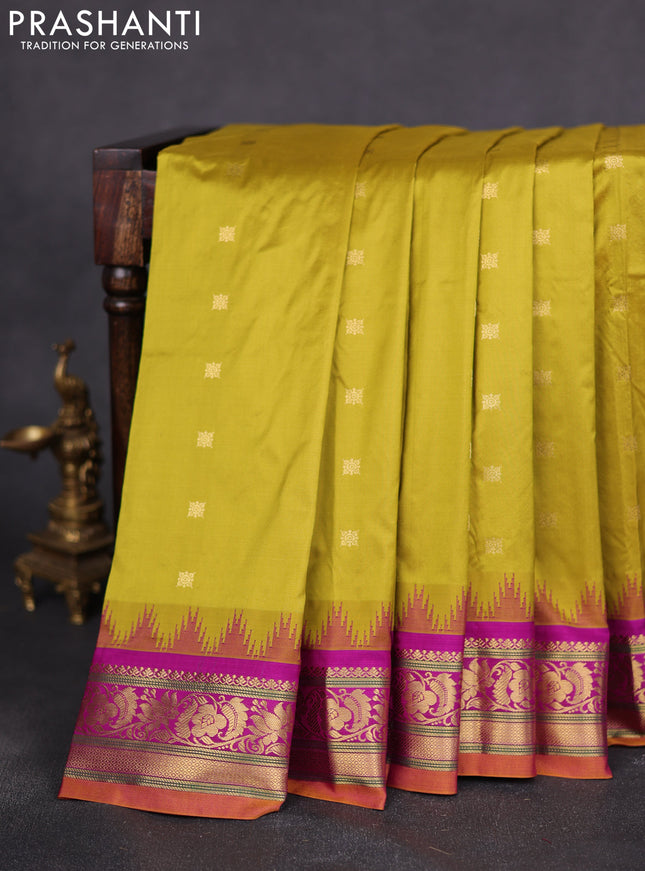 Narayanpet silk saree mehendi green and purple with zari woven buttas and temple design zari woven border