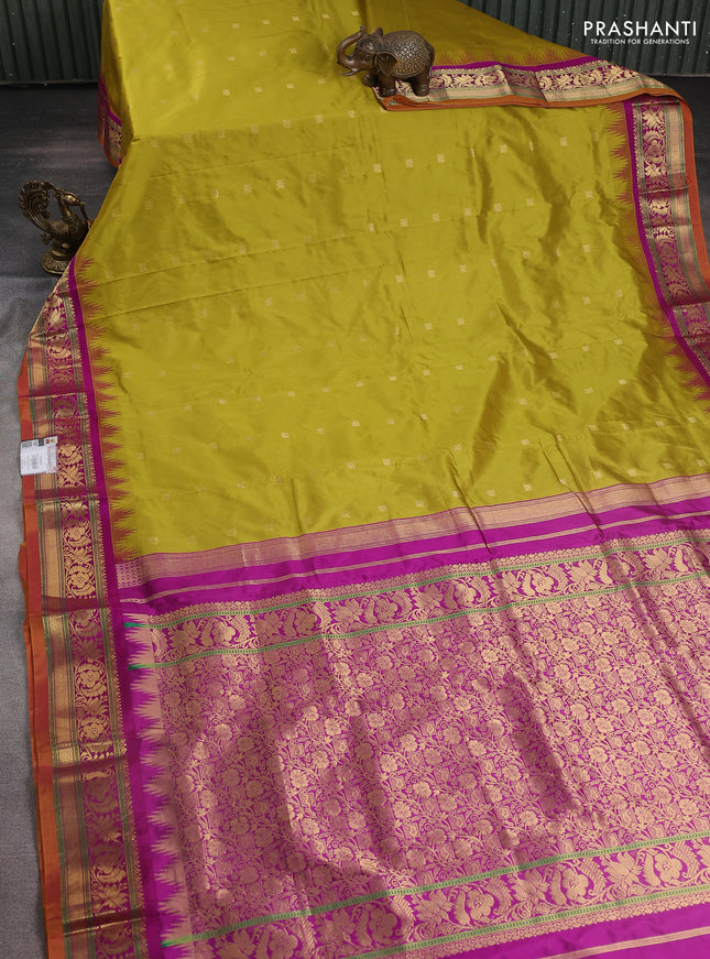 Narayanpet silk saree mehendi green and purple with zari woven buttas and temple design zari woven border