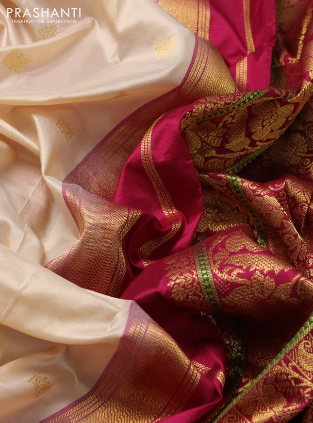 Narayanpet silk saree cream and maroon with zari woven buttas and temple design zari woven border