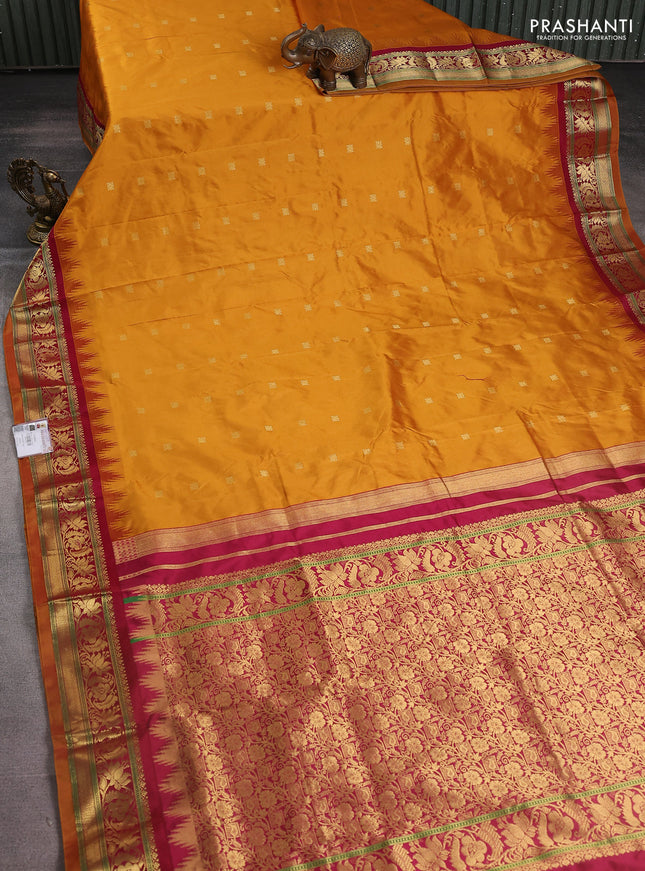 Narayanpet silk saree mustard yellow and maroon with zari woven buttas and temple design zari woven border
