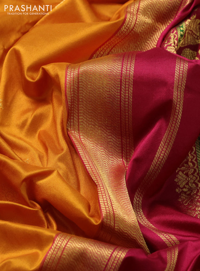 Narayanpet silk saree mustard yellow and maroon with zari woven buttas and temple design zari woven border