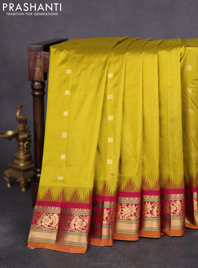 Narayanpet silk saree mehendi green and maroon with zari woven buttas and temple design zari woven border
