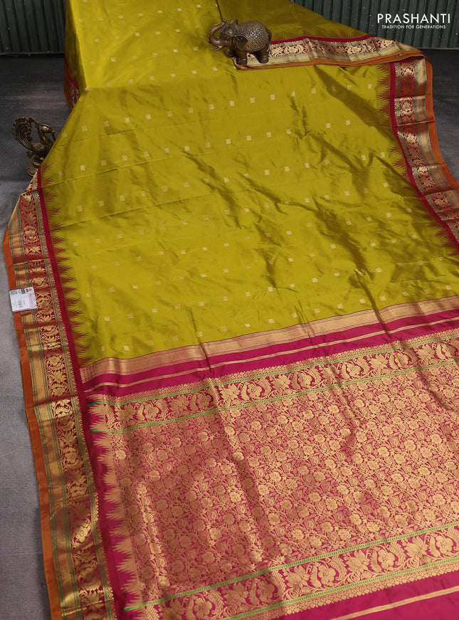 Narayanpet silk saree mehendi green and maroon with zari woven buttas and temple design zari woven border
